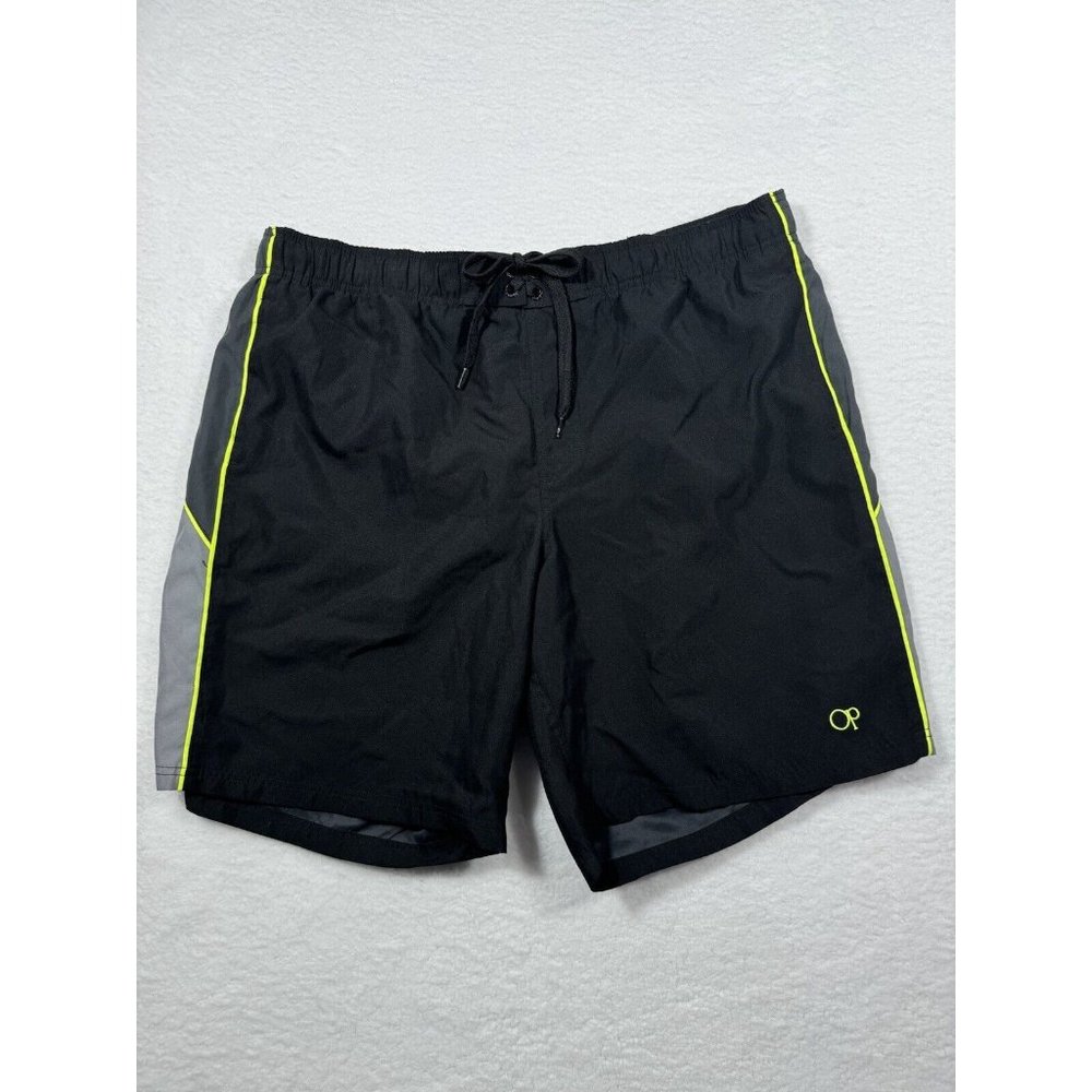 Op Ocean‎ Pacific Swim Trunks Mens XL 40-42 Black Gray Lime Mesh Lined Shorts